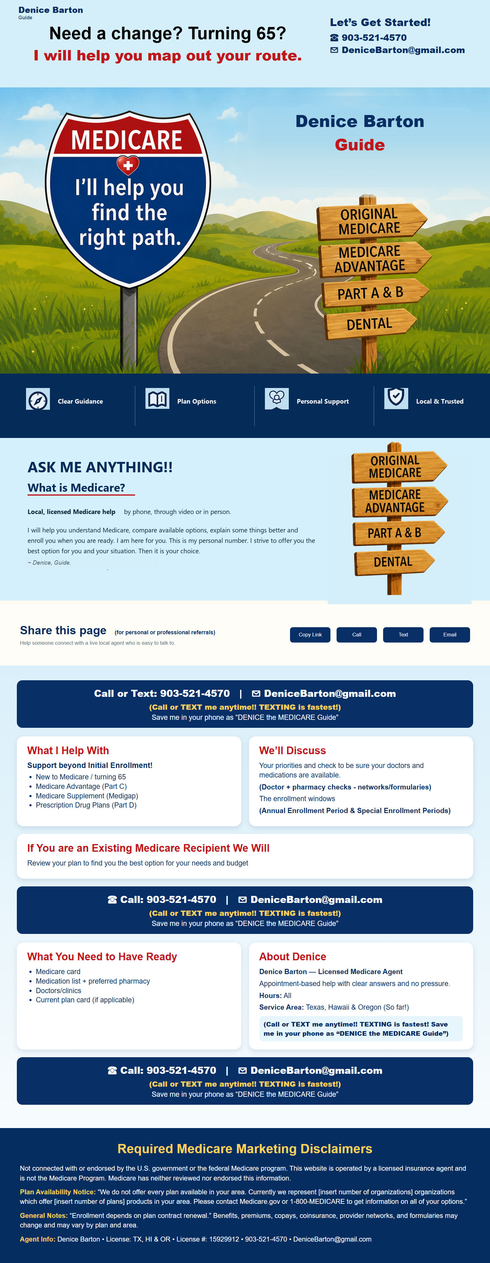 Medicare guidance webpage for Denice Barton with a countryside road, Medicare shield, wooden direction signs, contact information, service details, and required Medicare marketing disclaimers.